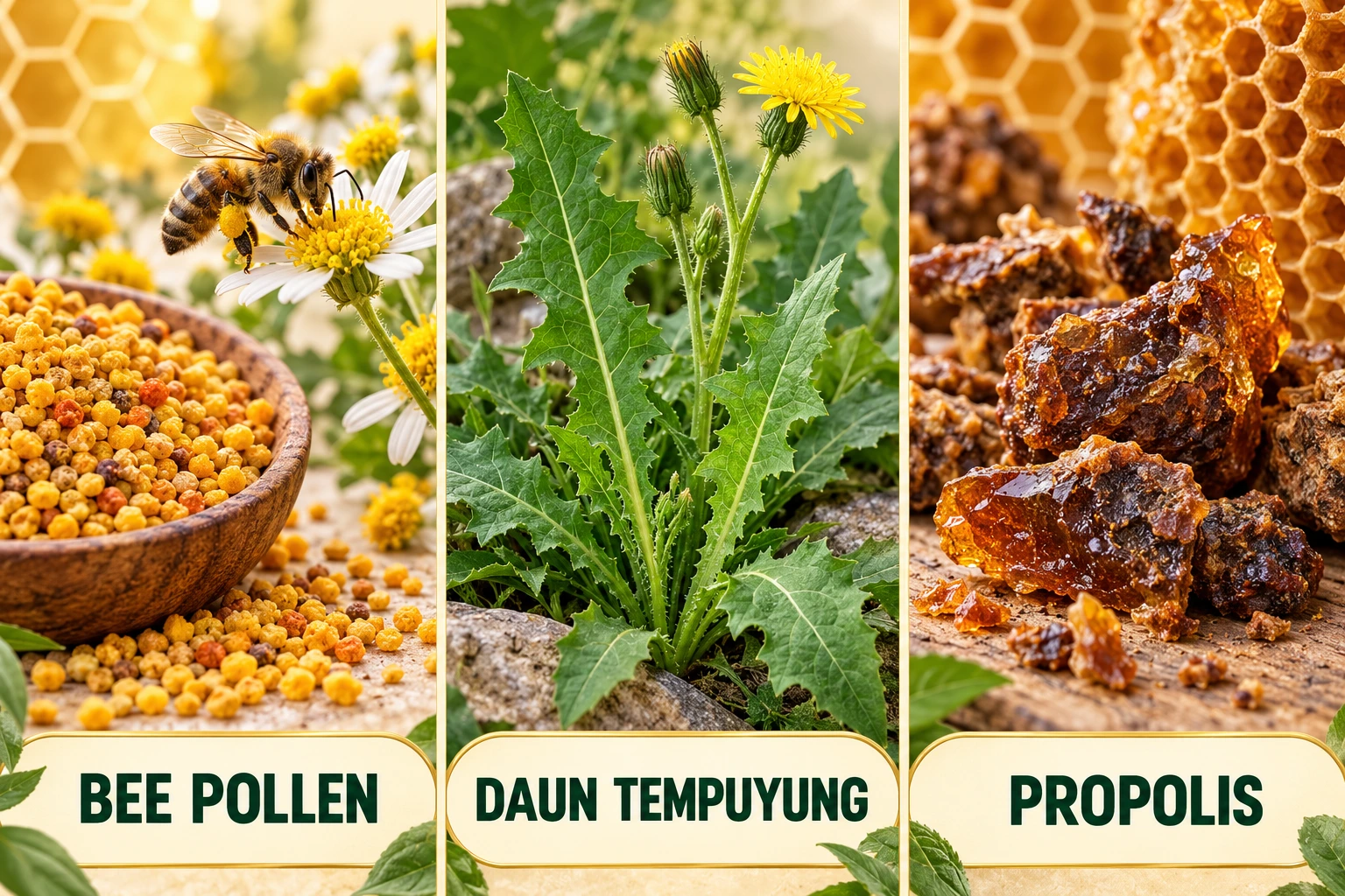 Bee pollen, daun tempuyung, dan propolis